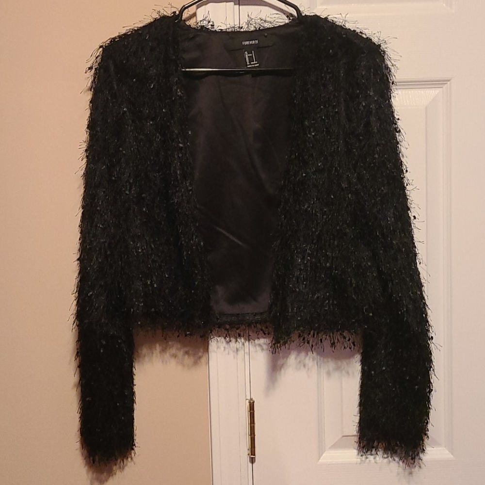 Shaggy Black Open Front Jacket Size Small